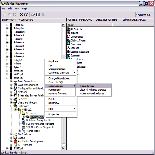 Context menu path showing schema to Index Advisor to Index Advisor