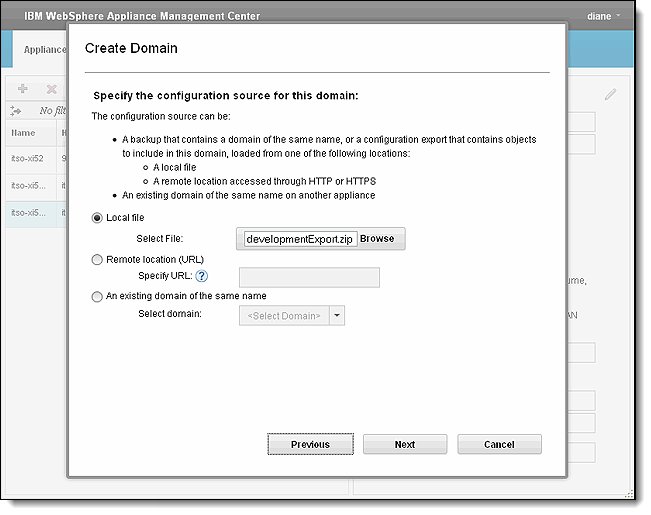 Creating a domain from a domain configuration export stored locally