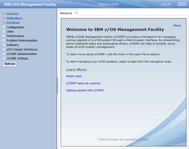 z/OSMF Welcome window