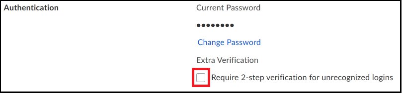 Screen capture showing selecting Require 2-step verification for unrecognized logins in the Authentication section.
