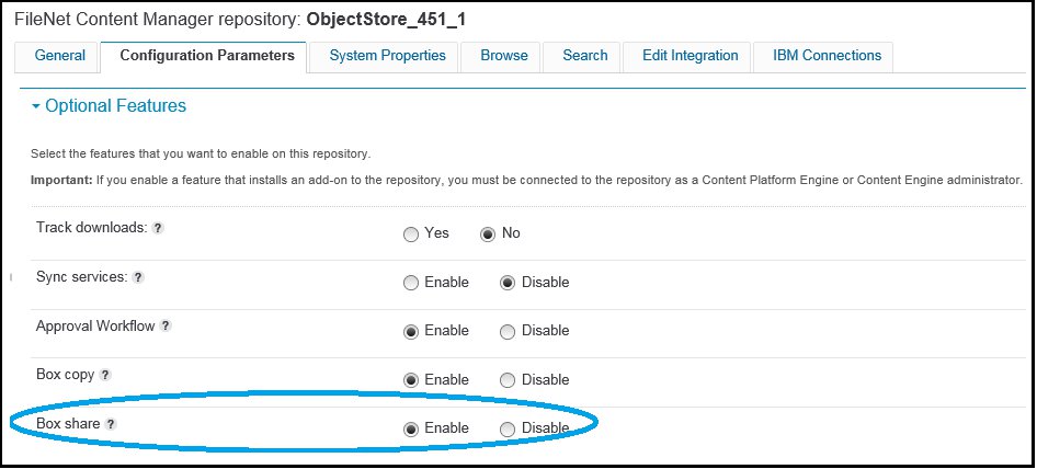 Screen capture showing selecting Enalbe for Box Share on the Configuration Parameters tab.