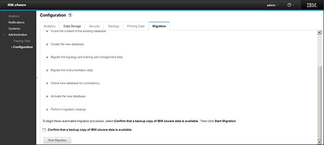 This screen capture shows the IBM zAware Configuration panel migration steps.