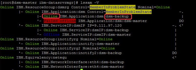 Figure 22. Output of the lssam -V command to see the dsm-backup node is online