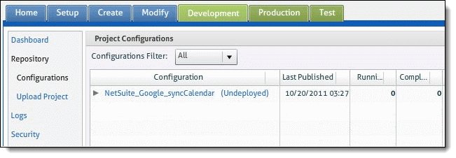 Project configurations in WebSphere Cast Iron Live
