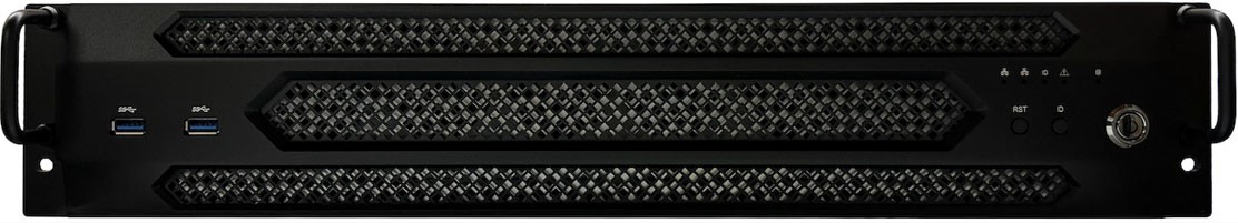 Figure: IBM Storage Scale System Utility Node front view Front panel photograph of the IBM Storage Scale System Utility Node (MTM 5149-23E) showing a 2U black rack-unit chassis with two USB 3.0 ports on the left side, a row of status indicator LEDs and icons on the right side, and RST (reset) and ID button controls with a key lock cylinder at the far right