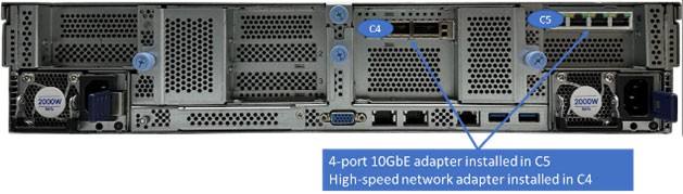 Figure: IBM Storage Scale System single-socket Utility Node EMS adapter layout Rear panel photograph of the IBM Storage Scale System single-socket Utility Node EMS with two adapter slots highlighted by callout bubbles: slot C4 (high-speed network adapter) and slot C5 (4-port 10GbE management adapter). An annotation label reads: 4-port 10GbE adapter installed in C5, High-speed network adapter installed in C4.